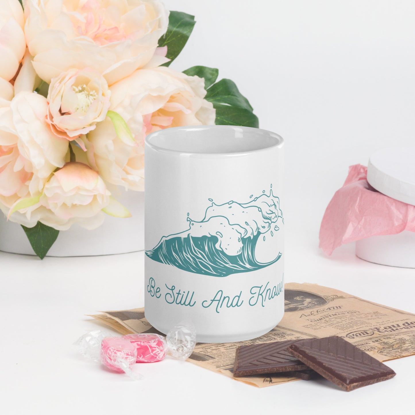 Be Still and Know White glossy mug